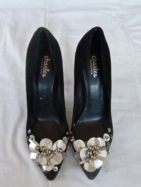 Charles by Charles David Black Pointed Toe Pumps with Silver Floral Accents